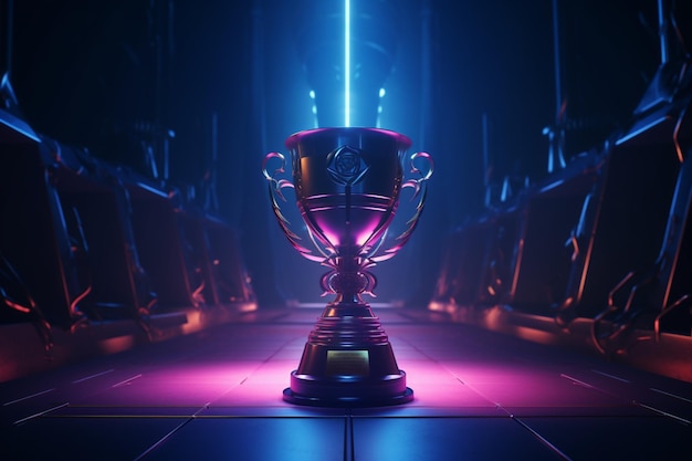 Photo sci fi gaming showdown a champion cup stands on a virtual reality stage