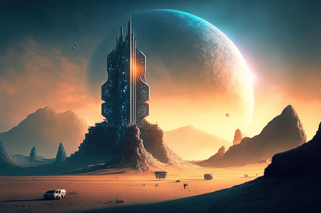 Sci fi graphic image of futuristic high skyscraper of space base on alien planet