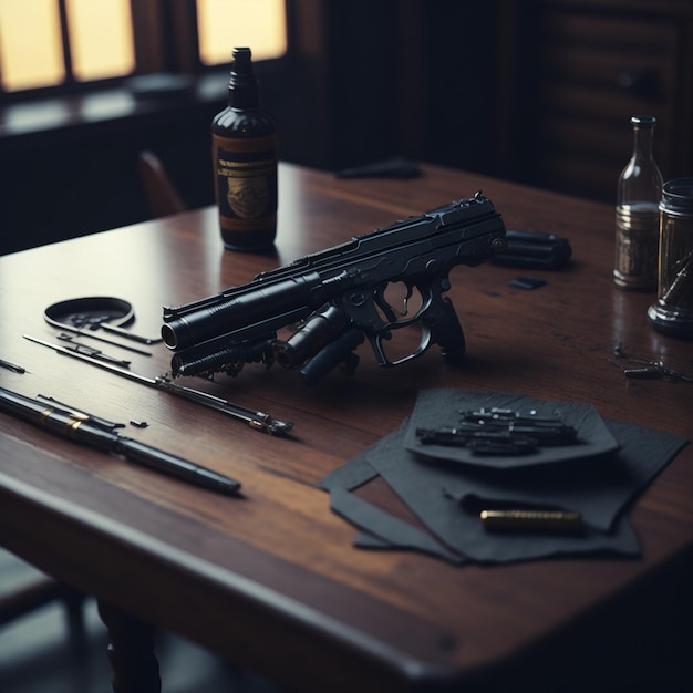 Photo a sci fi gun on table and bulets