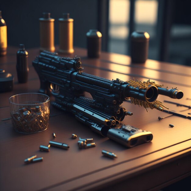 A sci fi gun on table and bulets