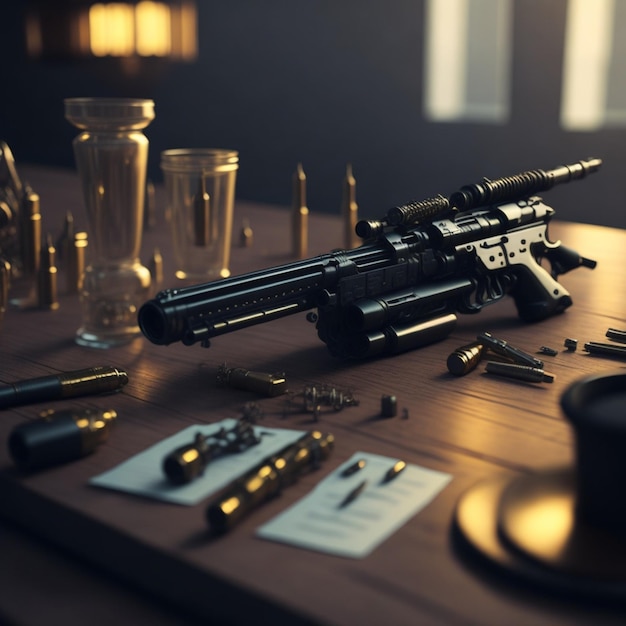 A sci fi gun on table and bulets