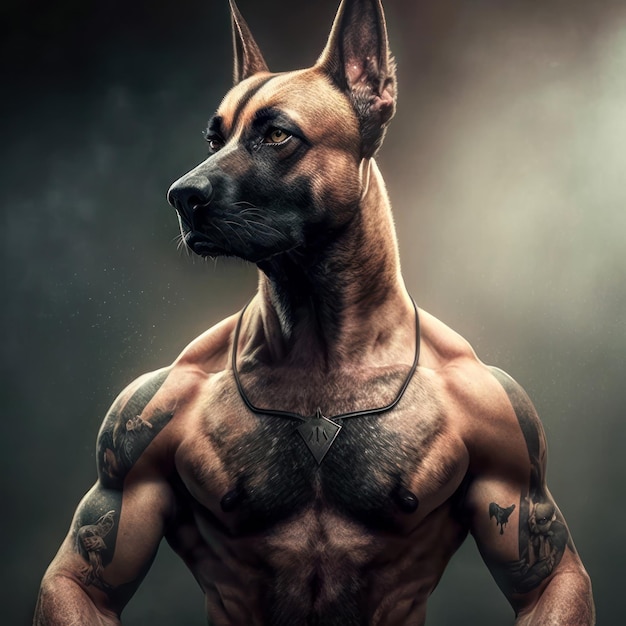 Sci fi humanoid dog with tattoos and muscular body Portrait of a futuristic humanoid dog