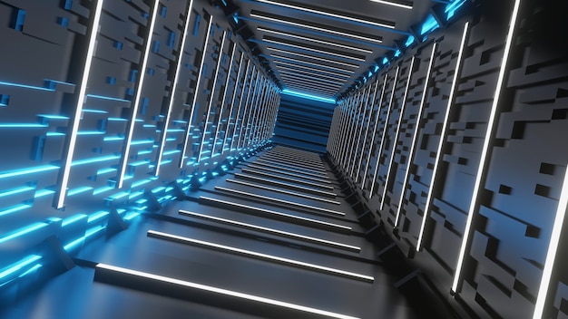 Sci-Fi lege tunnelgang met rechthoekige muren en witte neon fluorescerende lampen