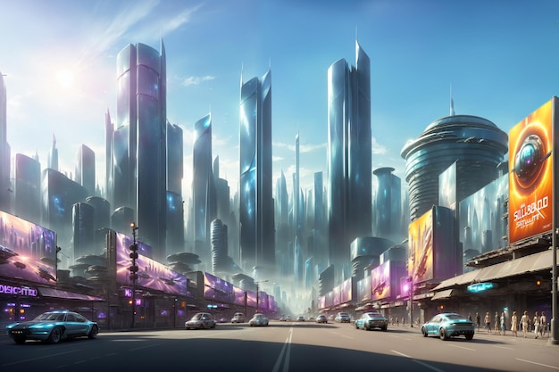 sci fi modern metaverse city of the future with billboard realistic