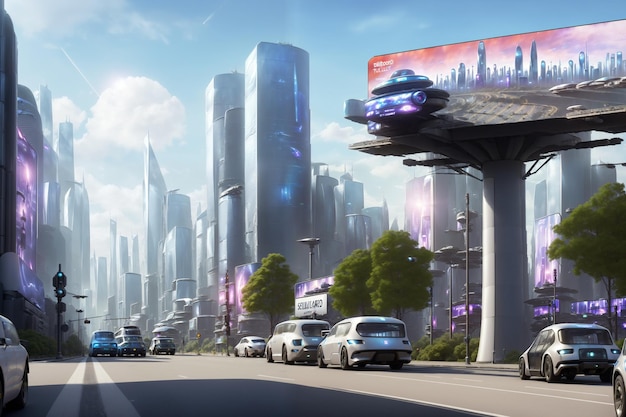 Sci fi moderne metaverse stad van de toekomst met realistisch billboard