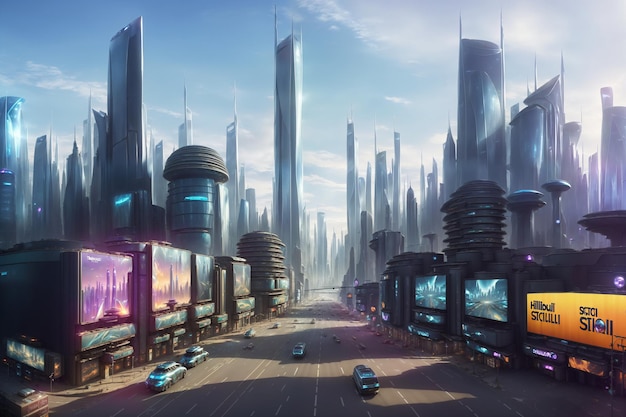 sci fi moderne metaverse stad van de toekomst met realistisch billboard