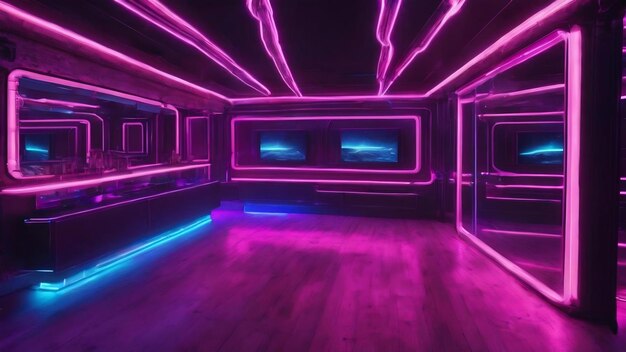 Sci fi neon cyber futuristic modern retro dance club glowing purple pink blue lights in dark 3d