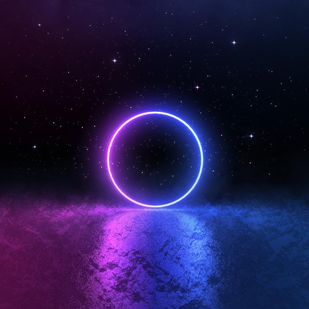 Sci Fi pink blue neon light cosmic landscape round portal virtual reality energy source 3d render abstract background