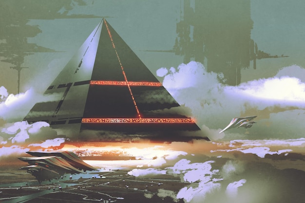 Foto sci-fi-scène van futuristische zwarte piramide die over het aardoppervlak zweeft, digitale kunststijl, illustratie, schilderkunst