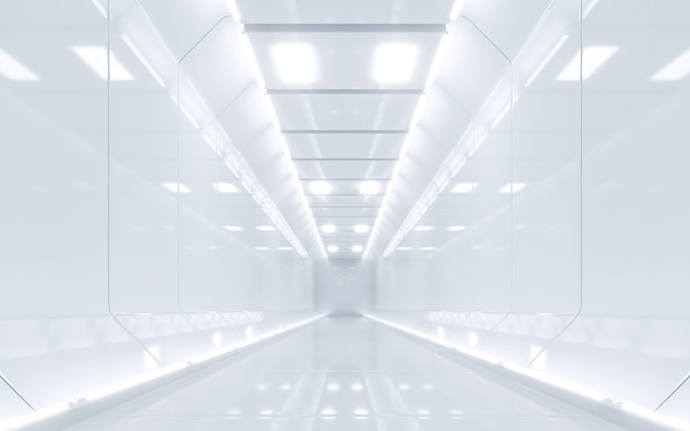 Sci-fi spaceship corridor white color. 3d rendering