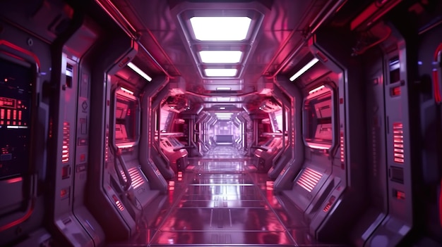 A sci fi spaceship hallway with red lights generative ai image