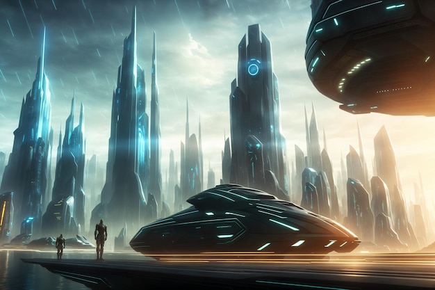 sci fi stad met futuristische skyline gebouwen concept art cyber metaverse stad