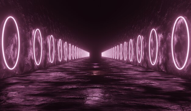 sci fi technology tunnel background with pink round neon.