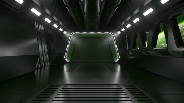 Sci-fi tunnel in de ruimte met neonlicht. Planeet aarde buiten het raam van het ruimteschip. Ruimte technologie concept. 3d illustratie