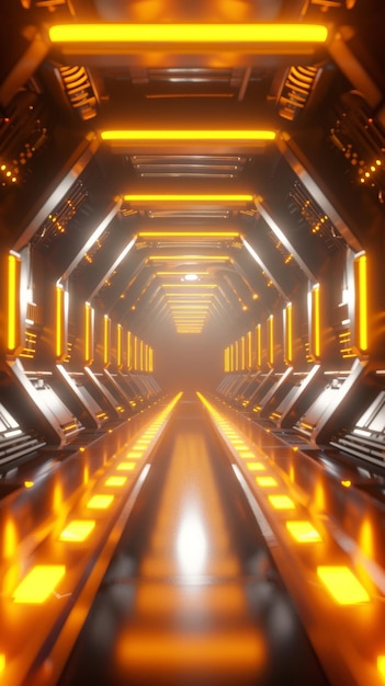 Sci Fi Tunnel op het buitenaardse ruimteschip Glowing Metal Corridor met Cinematic Neon en Fluorescent Lights ondiepe detail focus 3D Rendering Futuristische bouwruimte voor behang en achtergrond