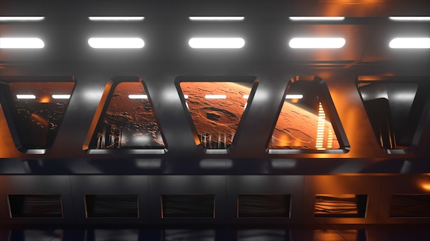 Photo sci-fi tunnel in outer space with neon light. planet mars outside the window of the spaceship. space technology concept. 3d illustration