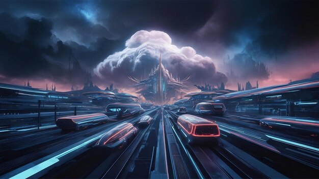 Sci fi virtual reality landscape cyberpunk style 3d render fantasy universe and space cloud backgr