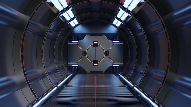 Science background fiction interior rendering sci-fi spaceship corridors blue light,3D rendering