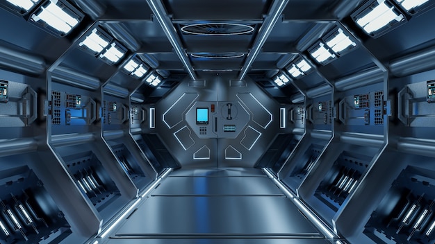 Science background fiction interior rendering sci-fi spaceship corridors blue light,3D rendering