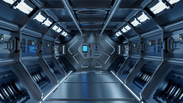Photo science background fiction interior rendering sci-fi spaceship corridors blue light,3d rendering
