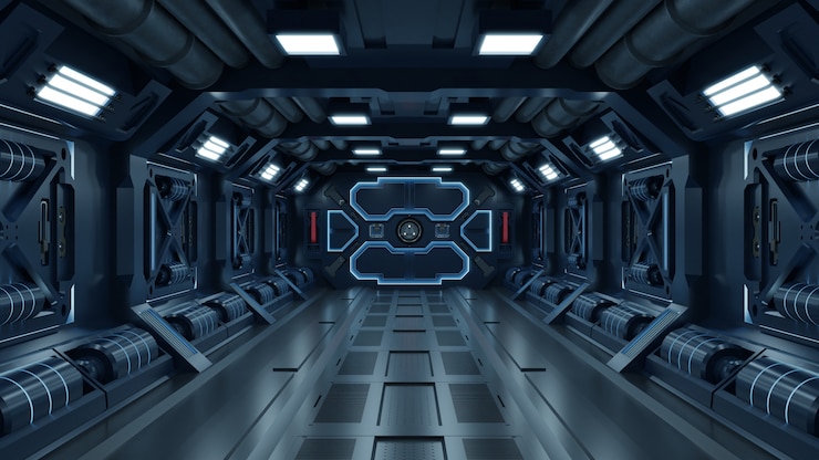 Photo science background fiction interior room sci-fi spaceship corridors blue.
