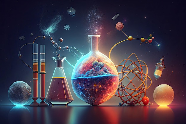 Photo science background illustration scientific design flasks glass and chemistry physics elements