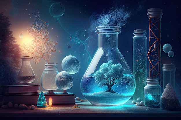 Science background illustration scientific design Flasks glass and chemistry physics elements