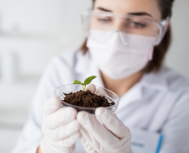 science, biology, ecology, research and people concept - close up of young female scientist wearing protective mask holding petri dish with plant and soil sample in bio laboratory