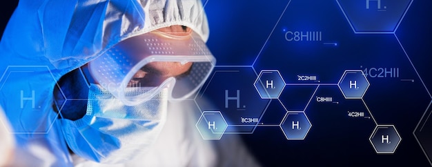 science, chemistry, biology, medicine and people concept - close up of scientist face in goggles and protective mask at chemical laboratory over hydrogen chemical formula