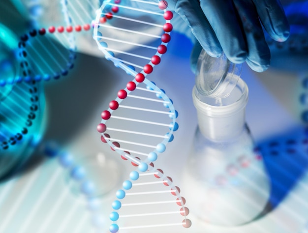 science, chemistry, biology, medicine and people concept - close up of scientist hand pouring chemical powder into flask making test or research in clinical laboratory over dna molecule structure