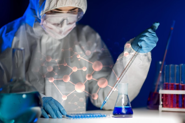 science, chemistry, biology, medicine and people concept - close up of young female scientist with pipette and flask making test or research in clinical laboratory