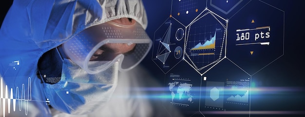 science, chemistry, future technology, medicine and people concept - close up of scientist face in goggles and protective mask at scientific laboratory over virtual screens formula