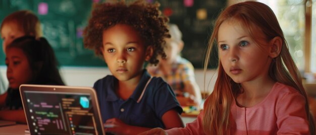 Photo science class little boy and girl use laptop with screen showing programming software physics teacher explains lesson to diverse class