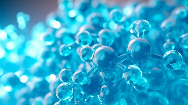 科学概念互いに接続された抽象的な丸い分子の背景水色色の顕微鏡ビュー生成 AI