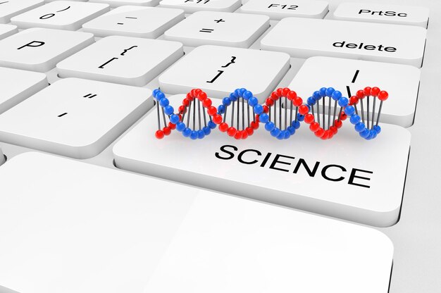 Photo science concept. extreme closeup twisted dna chain on a keyboard