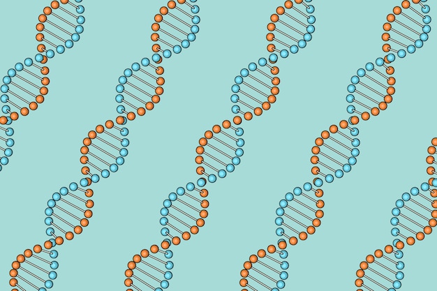 Foto concetto di scienza. righe della spirale della molecola del dna nello stile di schizzo e cartone animato su sfondo blu. rendering 3d