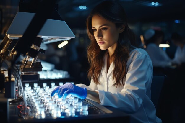 Foto sviluppo scientifico e microscopio con una donna al lavoro in un laboratorio di ricerca o innovazione