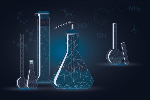 抽象的な化学式の背景に実験用ガラス器具のイラストを使用した科学教育のコンセプト