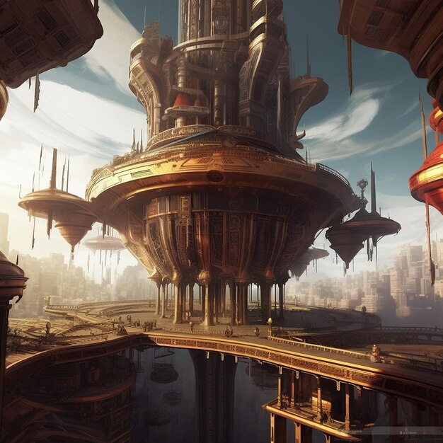 Science fiction animated floting city conceptual style and futuristic planet