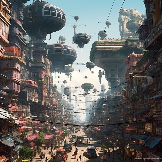 Science fiction animated floting city conceptual style and futuristic planet