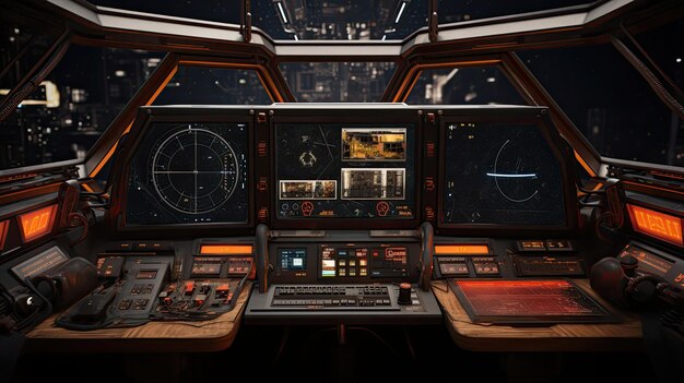 Foto science fiction bridge deck ruimteschip control panels sterrenkaarten en galactische uitzichten