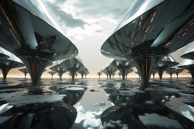 Science fiction city with glass and metallic structures for futuristic or fantasy background