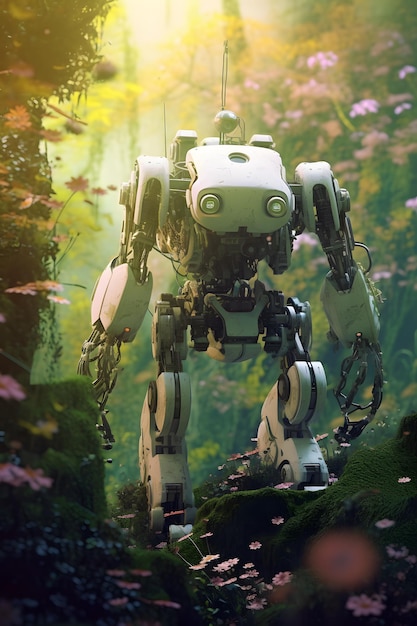 Science fiction concept schilderij toont mensachtige robotdieren in een futuristische tuin Generative AI
