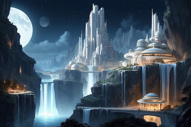 Science fiction fantasy city landscape white buildings on cliffs waterfalls night wide