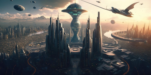 Photo science fiction fantasy world cityscape skyline with futuristic building architecture