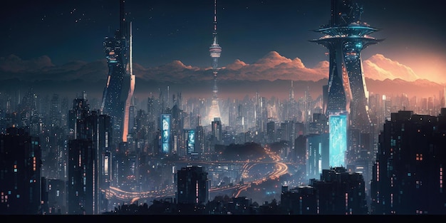 Science fiction fantasy world cityscape skyline with futuristic building architecture