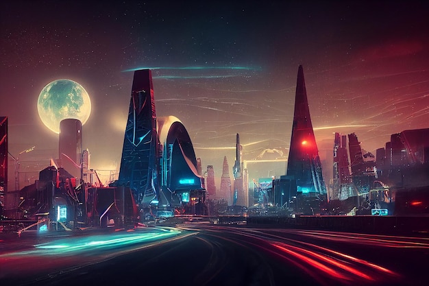 Science Fiction Futuristic Cyberpunk Neon Night City Street Art Illustration