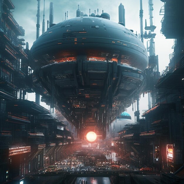 Science fiction geanimeerde zwevende stad conceptuele stijl en futuristische planeet