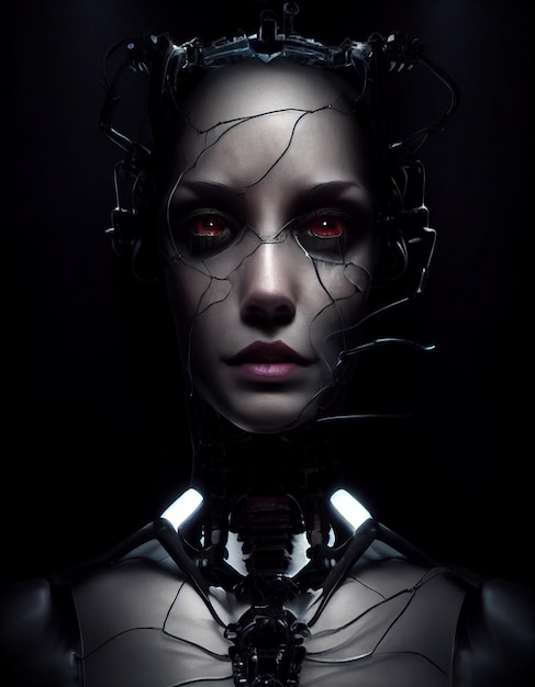 Premium Photo | Science fiction horror movie cyborg woman dark 3d art ...