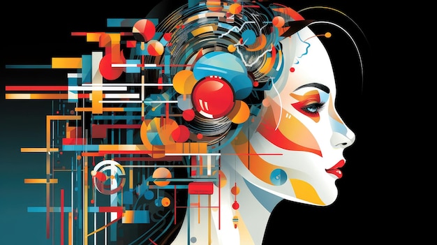 Science fiction illustration Abstract image of artificial intelligence in form of android robot female head in flat vector style